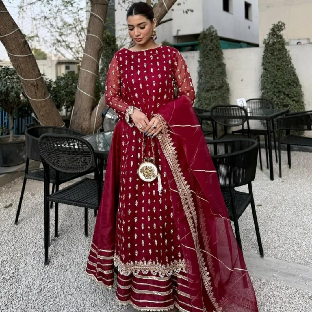 Maroon Luxury Embroidered Chiffon 3-Piece Suit – Royal Glam Edition